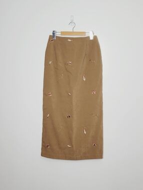 Coldwater Creek Vintage Caramel Faux Suede Embroidered Leaves Zipper Back Size 8
